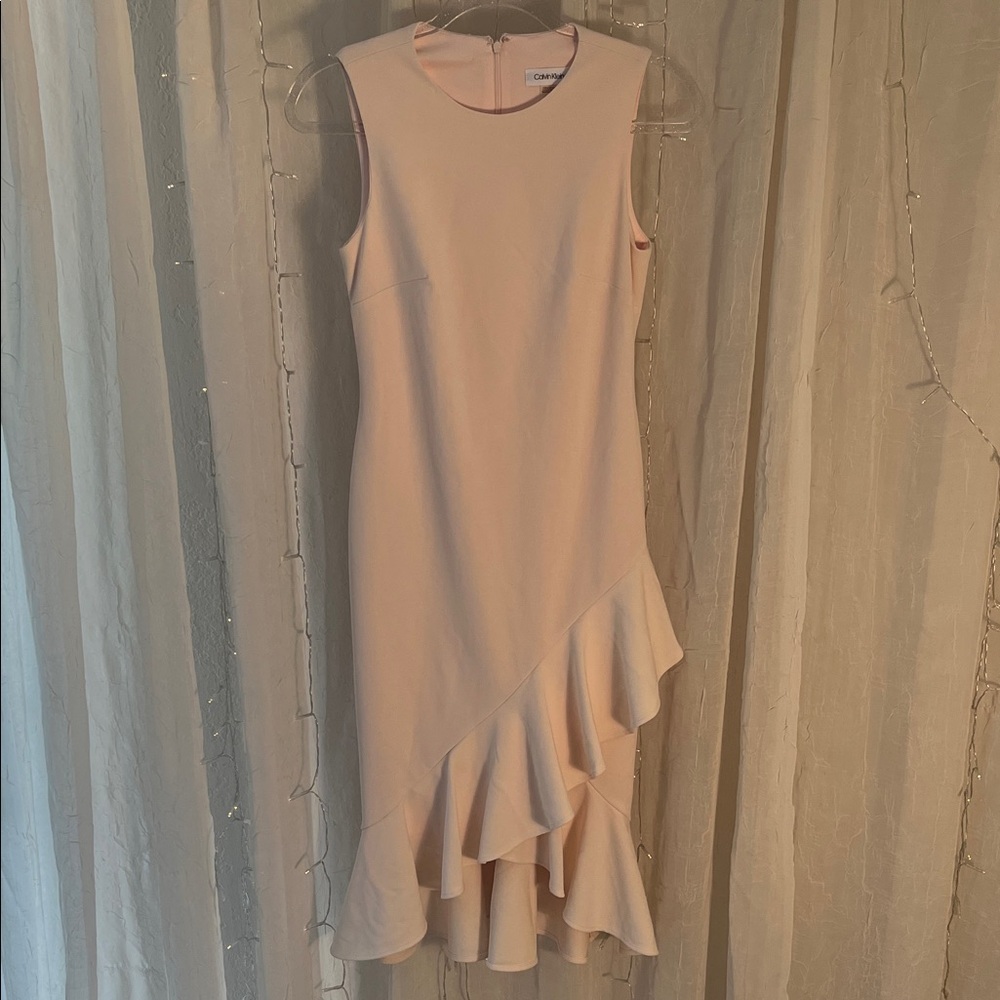 Calvin Klein Cream Asymmetrical Ruffle Dress